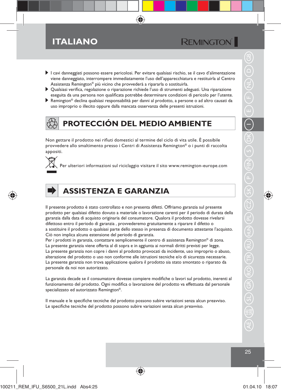 Italiano, Protección del medio ambiente, Assistenza e garanzia | Remington S6500 User Manual | Page 27 / 95