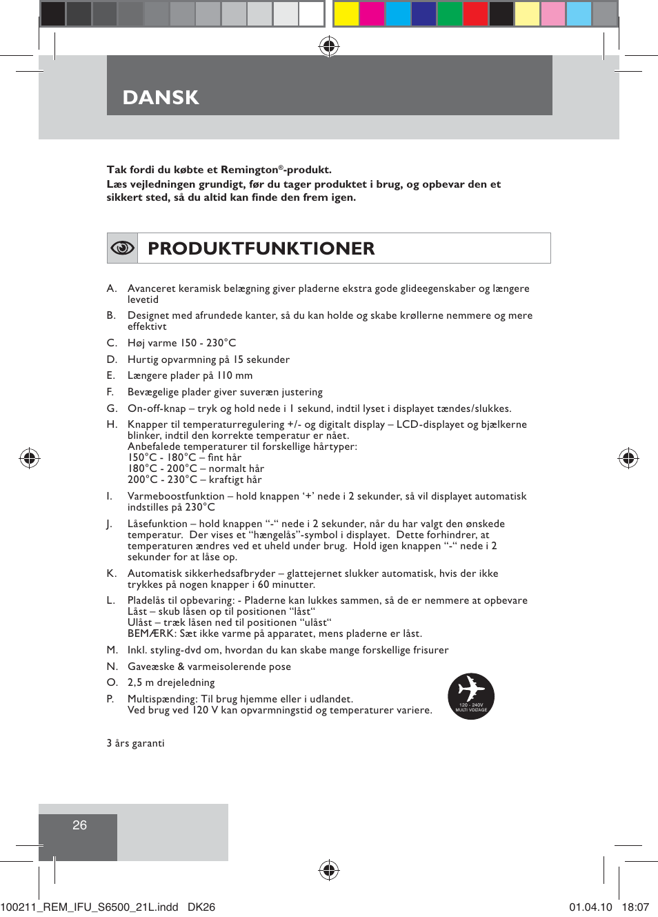 Dansk, Produktfunktioner | Remington S6500 User Manual | Page 28 / 95