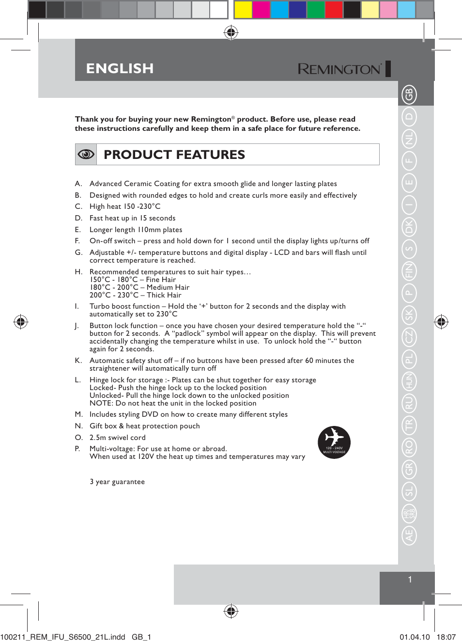 English, Product features | Remington S6500 User Manual | Page 3 / 95