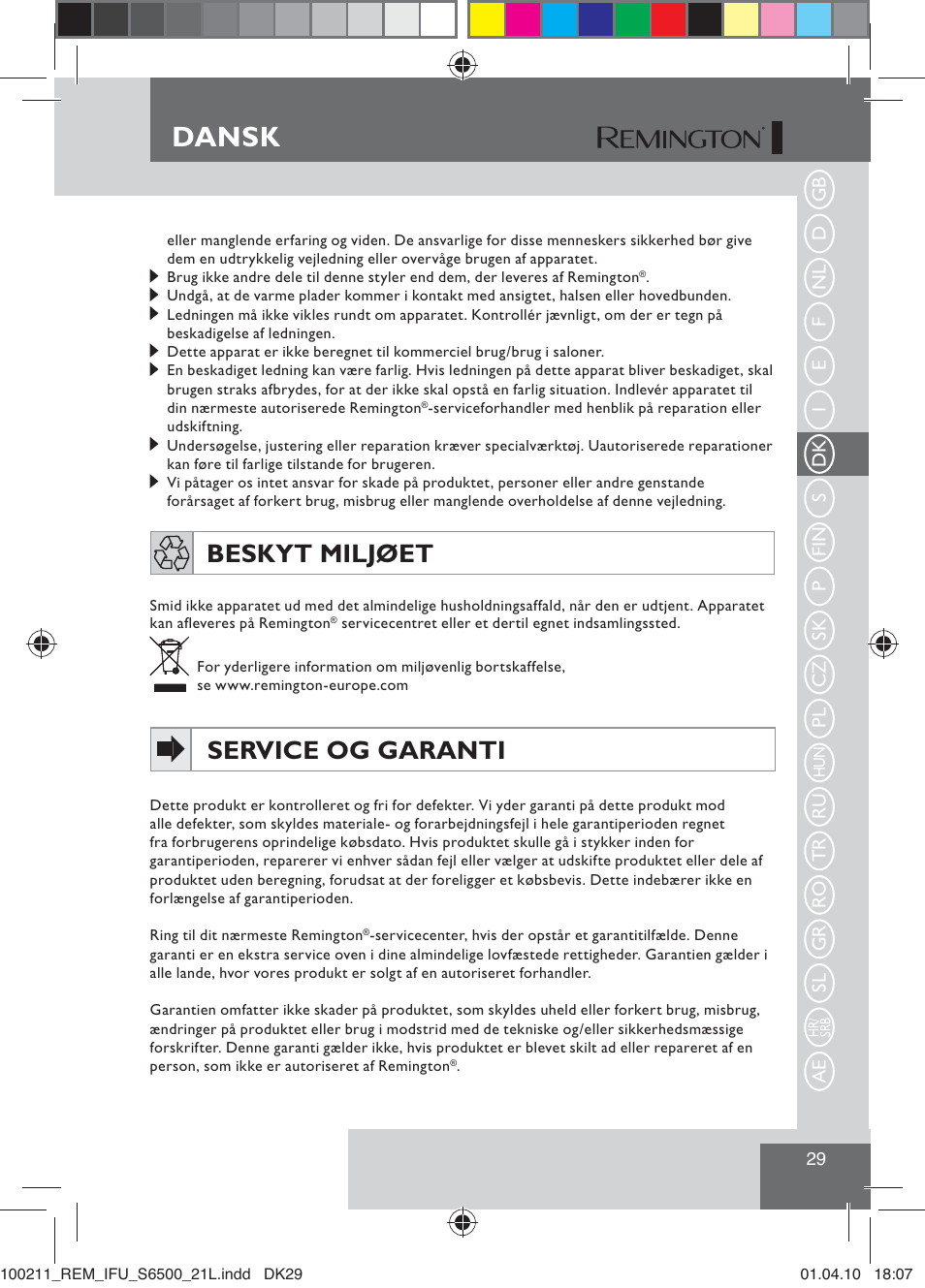 Dansk, Beskyt miljøet, Service og garanti | Remington S6500 User Manual | Page 31 / 95