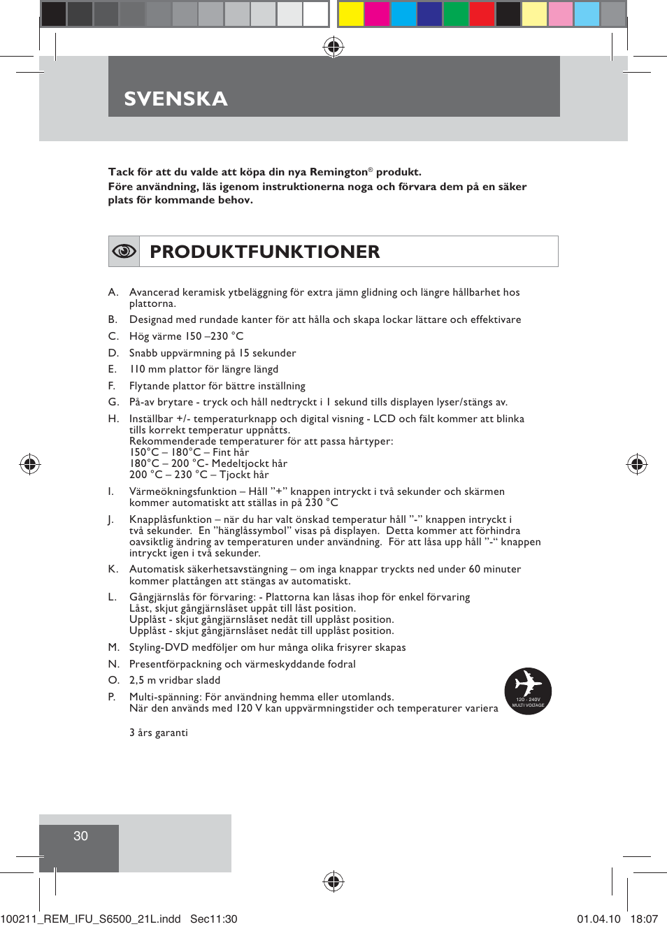 Svenska, Produktfunktioner | Remington S6500 User Manual | Page 32 / 95