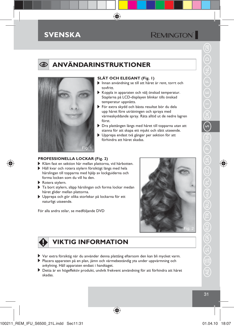 Svenska, Användarinstruktioner, Viktig information | Remington S6500 User Manual | Page 33 / 95
