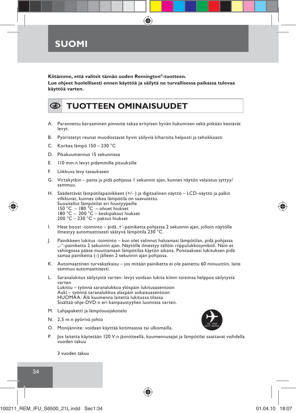 Suomi, Tuotteen ominaisuudet | Remington S6500 User Manual | Page 36 / 95