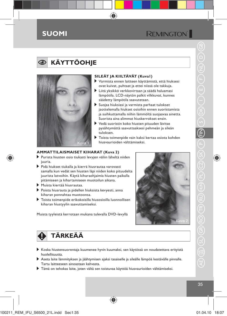 Suomi, Käyttöohje, Tärkeää | Remington S6500 User Manual | Page 37 / 95