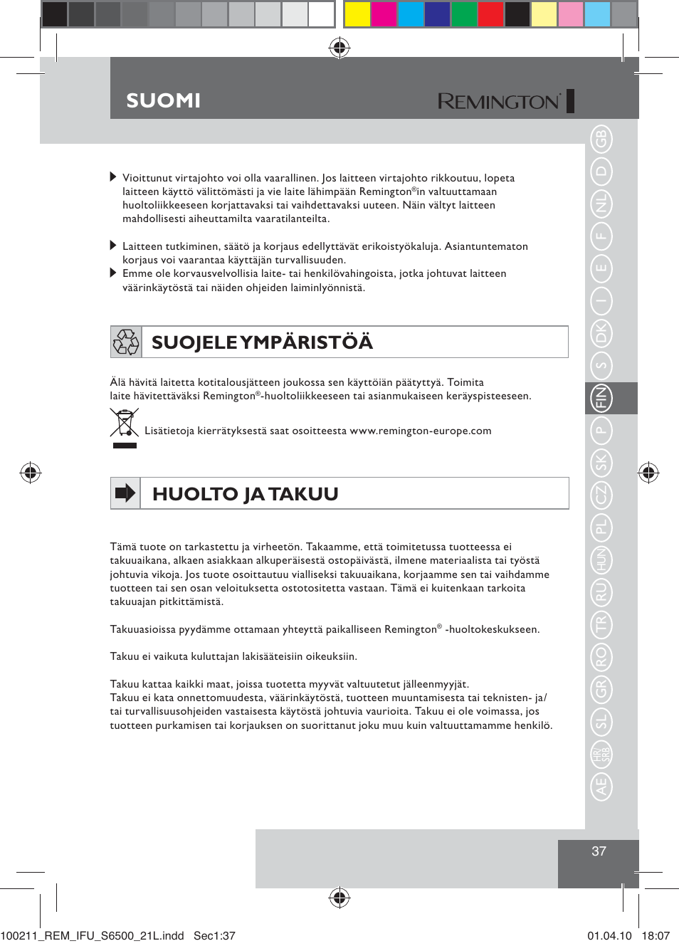 Suomi, Suojele ympäristöä, Huolto ja takuu | Remington S6500 User Manual | Page 39 / 95