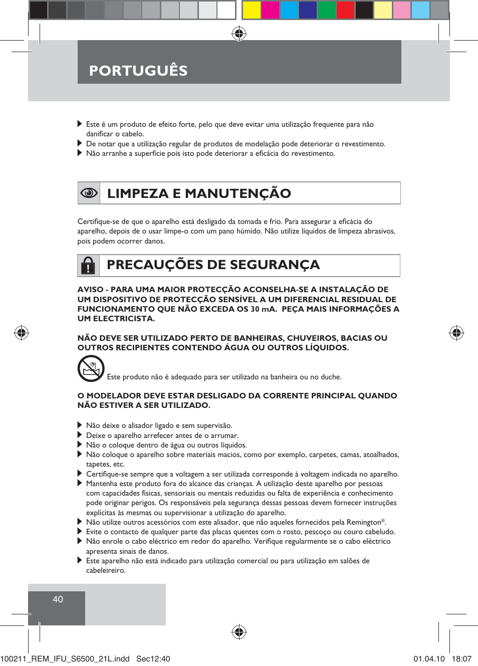 Português, Limpeza e manutenção, Precauções de segurança | Remington S6500 User Manual | Page 42 / 95