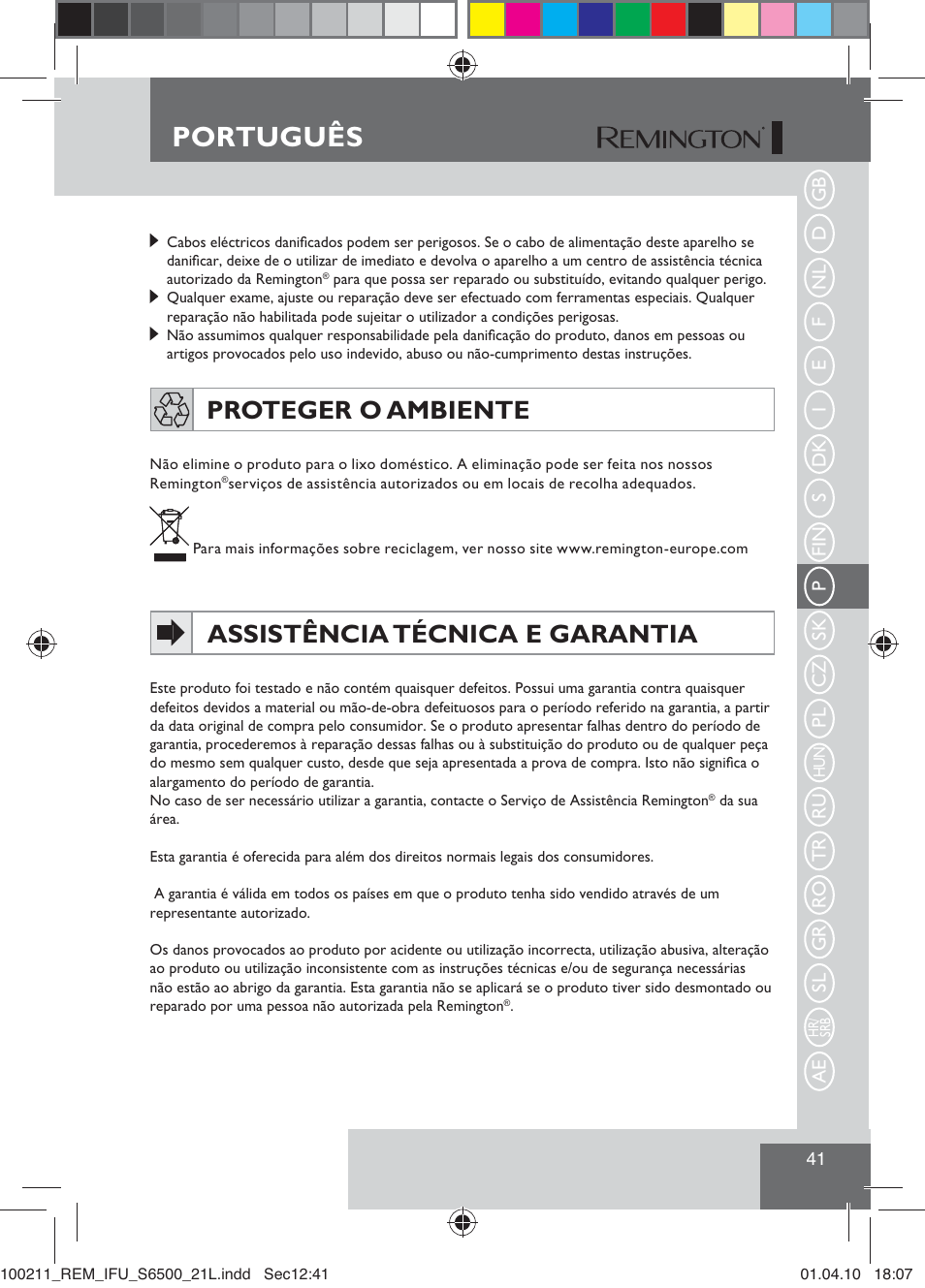 Português, Proteger o ambiente, Assistência técnica e garantia | Remington S6500 User Manual | Page 43 / 95