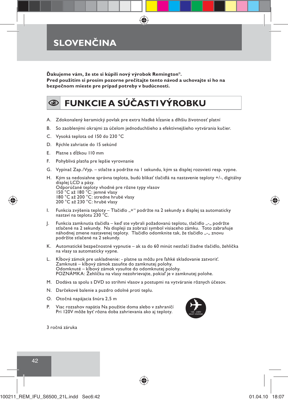 Funkcie a súčasti výrobku, Slovenčina | Remington S6500 User Manual | Page 44 / 95