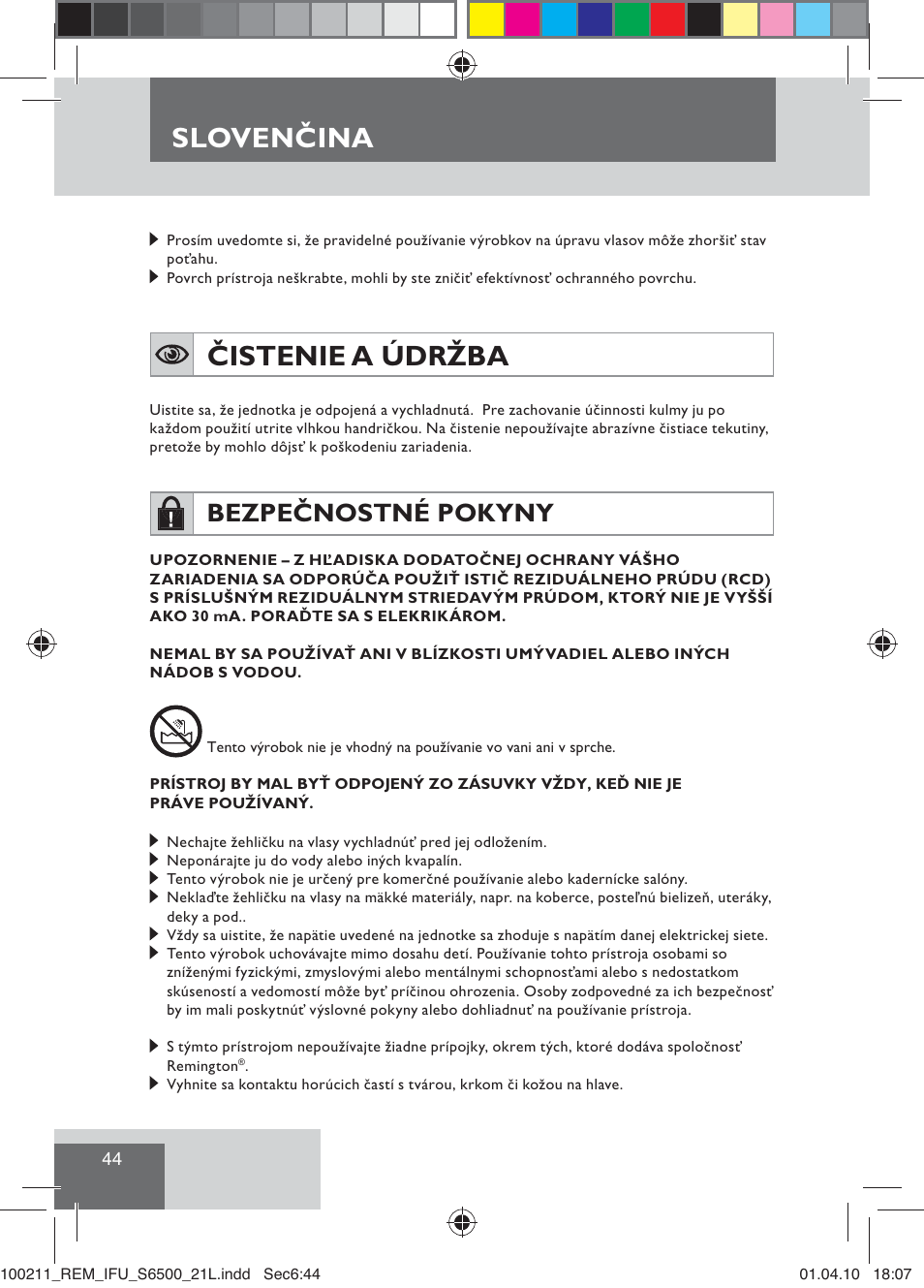 Čistenie a údržba, Slovenčina, Bezpečnostné pokyny | Remington S6500 User Manual | Page 46 / 95