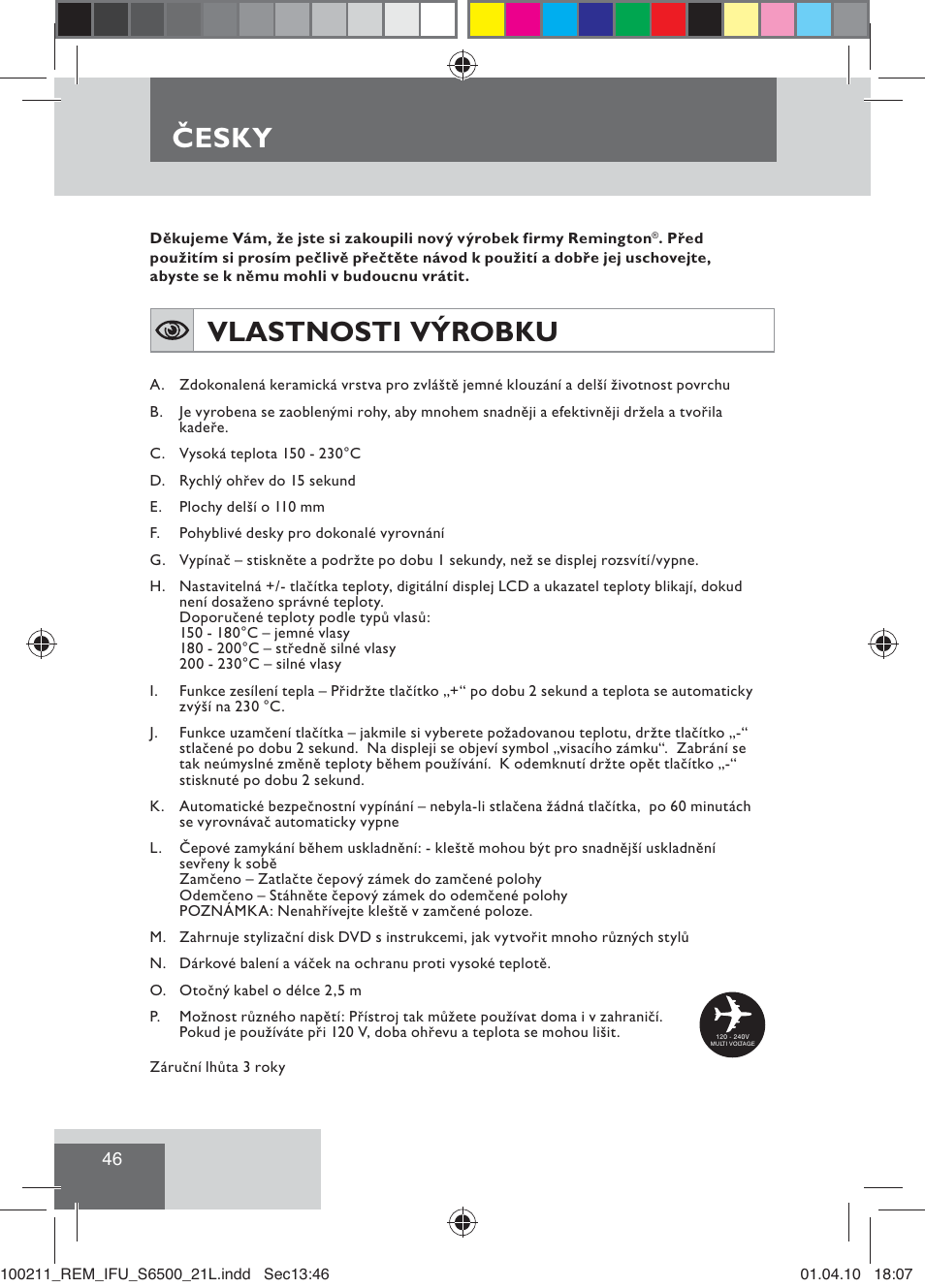 Vlastnosti výrobku, Česky | Remington S6500 User Manual | Page 48 / 95