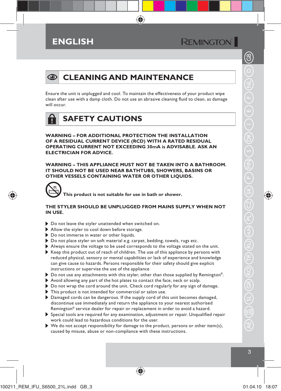 English, Cleaning and maintenance, Safety cautions | Remington S6500 User Manual | Page 5 / 95