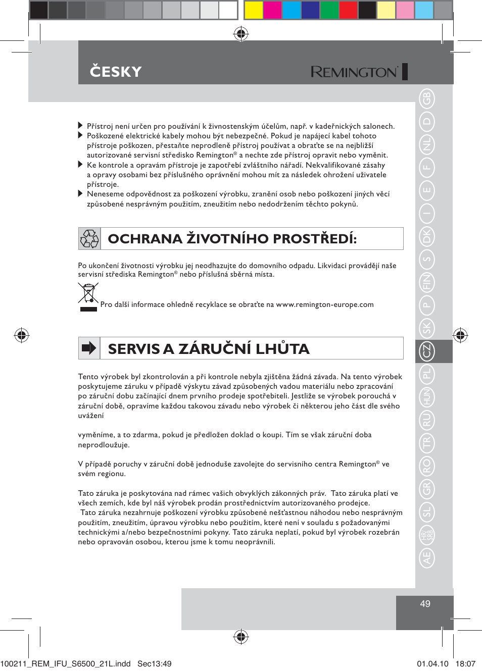 Servis a záruční lhůta, Česky, Ochrana životního prostředí | Remington S6500 User Manual | Page 51 / 95