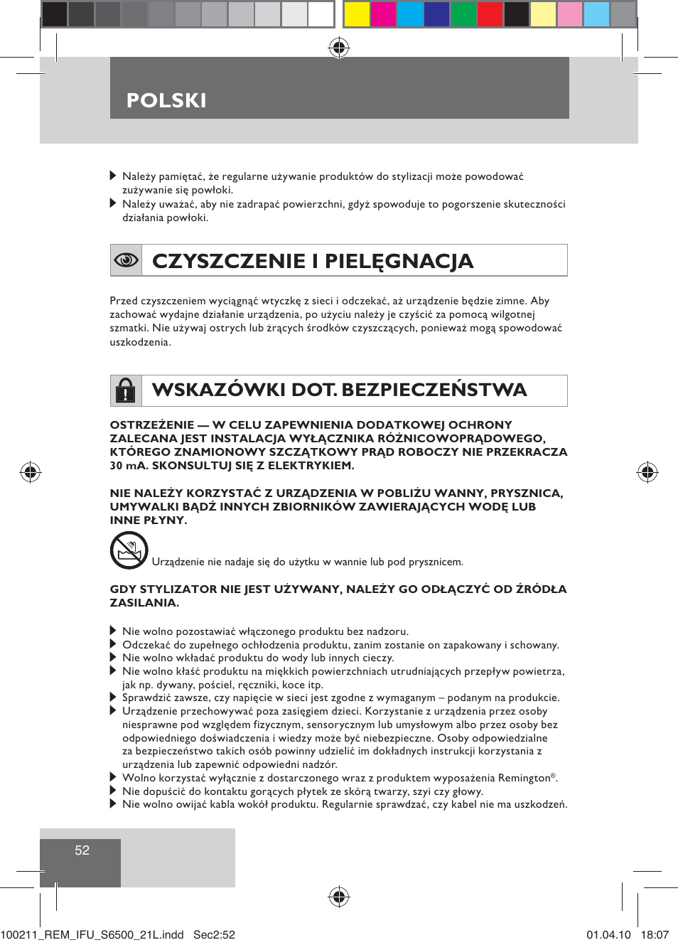Czyszczenie i pielęgnacja, Polski, Wskazówki dot. bezpieczeństwa | Remington S6500 User Manual | Page 54 / 95