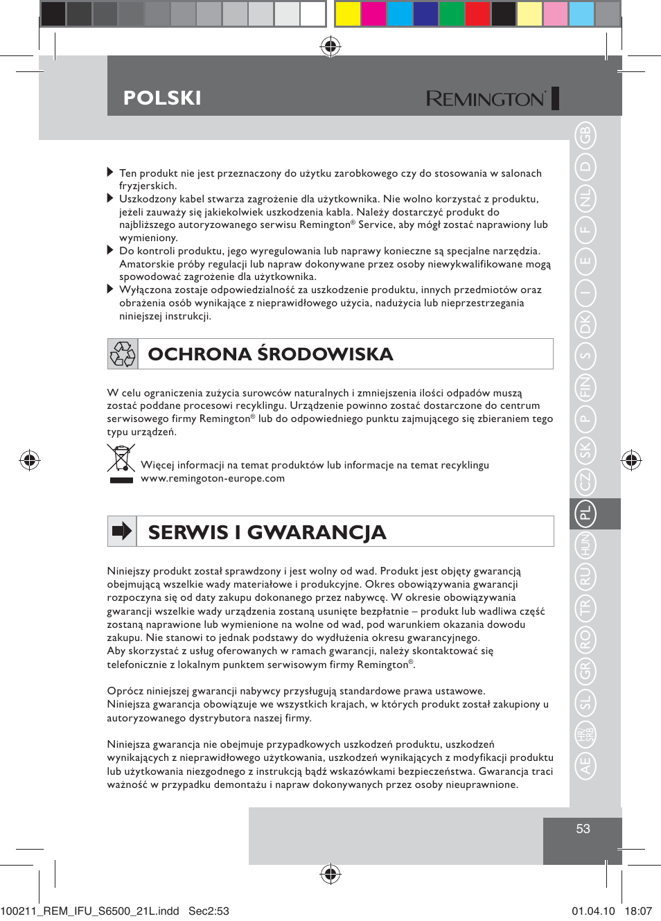 Serwis i gwarancja, Polski, Ochrona środowiska | Remington S6500 User Manual | Page 55 / 95