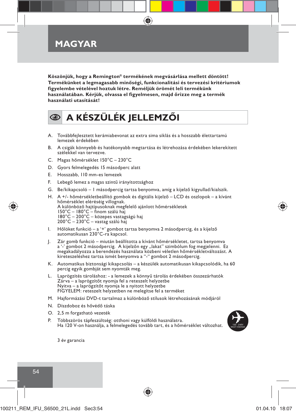 A készülék jellemzői, Magyar | Remington S6500 User Manual | Page 56 / 95