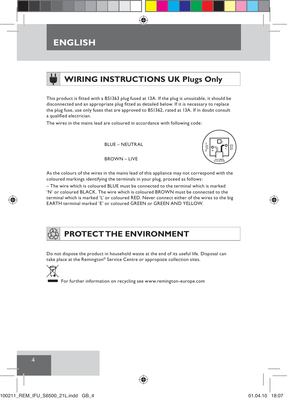 English, Wiring instructions uk plugs only, Protect the environment | Remington S6500 User Manual | Page 6 / 95