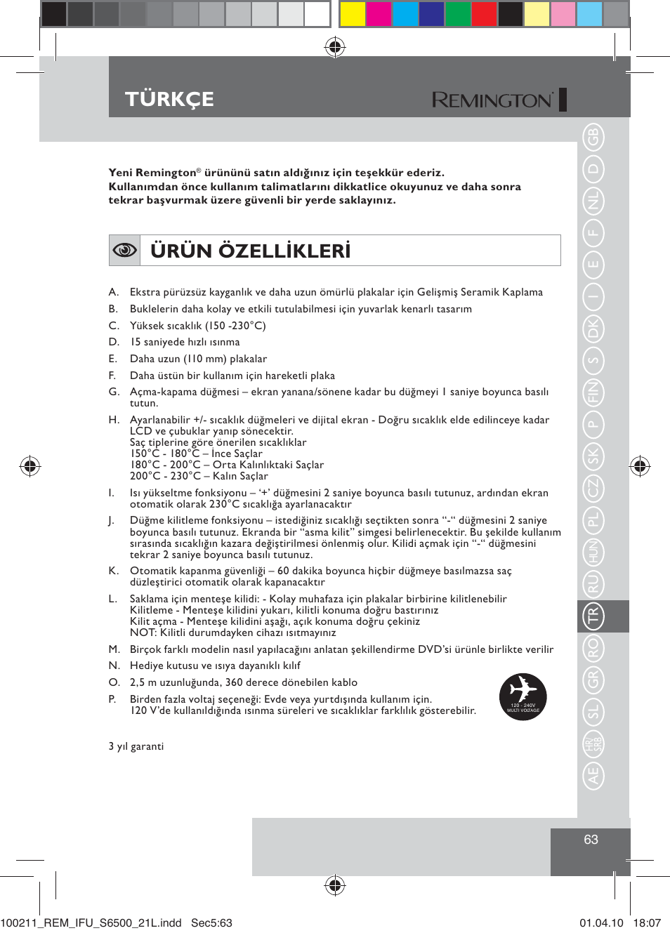 Türkçe, Ürün özellikleri | Remington S6500 User Manual | Page 65 / 95