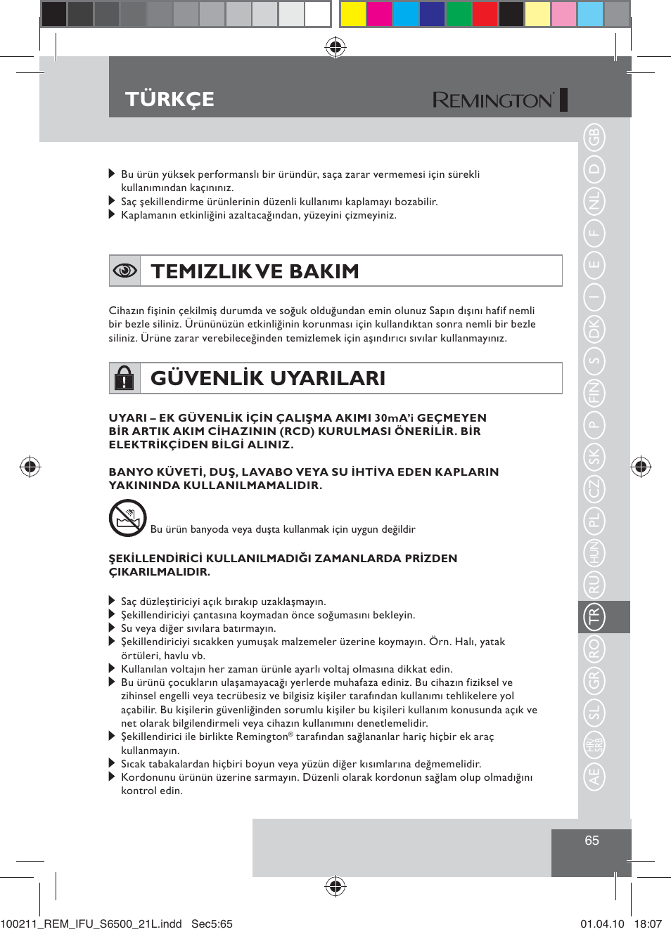 Türkçe, Temizlik ve bakim, Güvenlik uyarilari | Remington S6500 User Manual | Page 67 / 95
