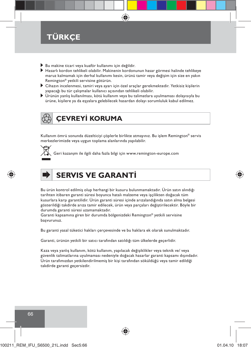 Servis ve garanti, Türkçe, Çevreyi koruma | Remington S6500 User Manual | Page 68 / 95