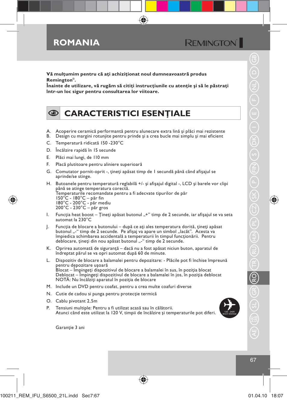 Romania, Caracteristici esenţiale | Remington S6500 User Manual | Page 69 / 95