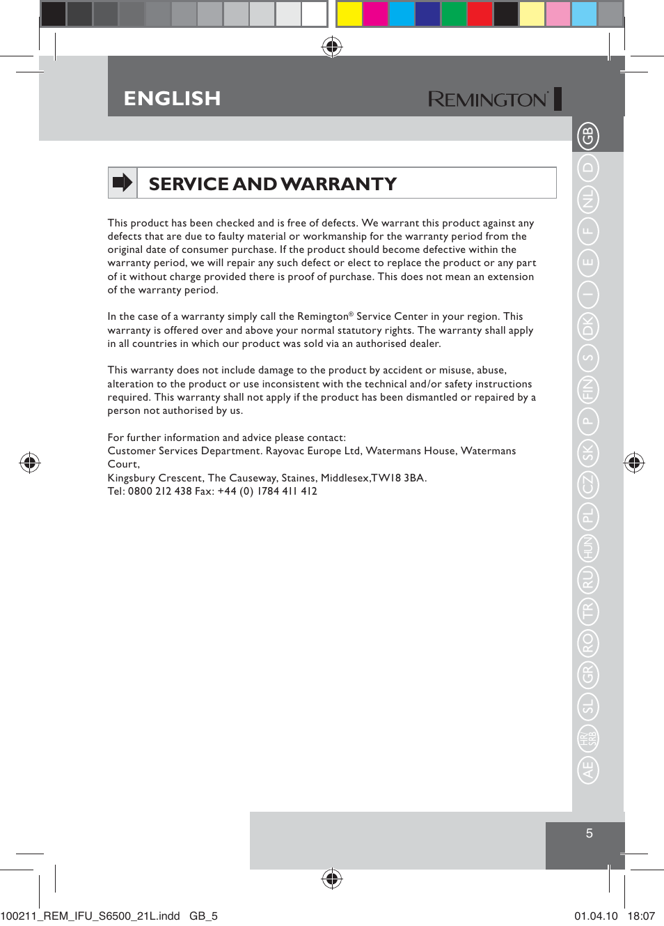 English, Service and warranty | Remington S6500 User Manual | Page 7 / 95