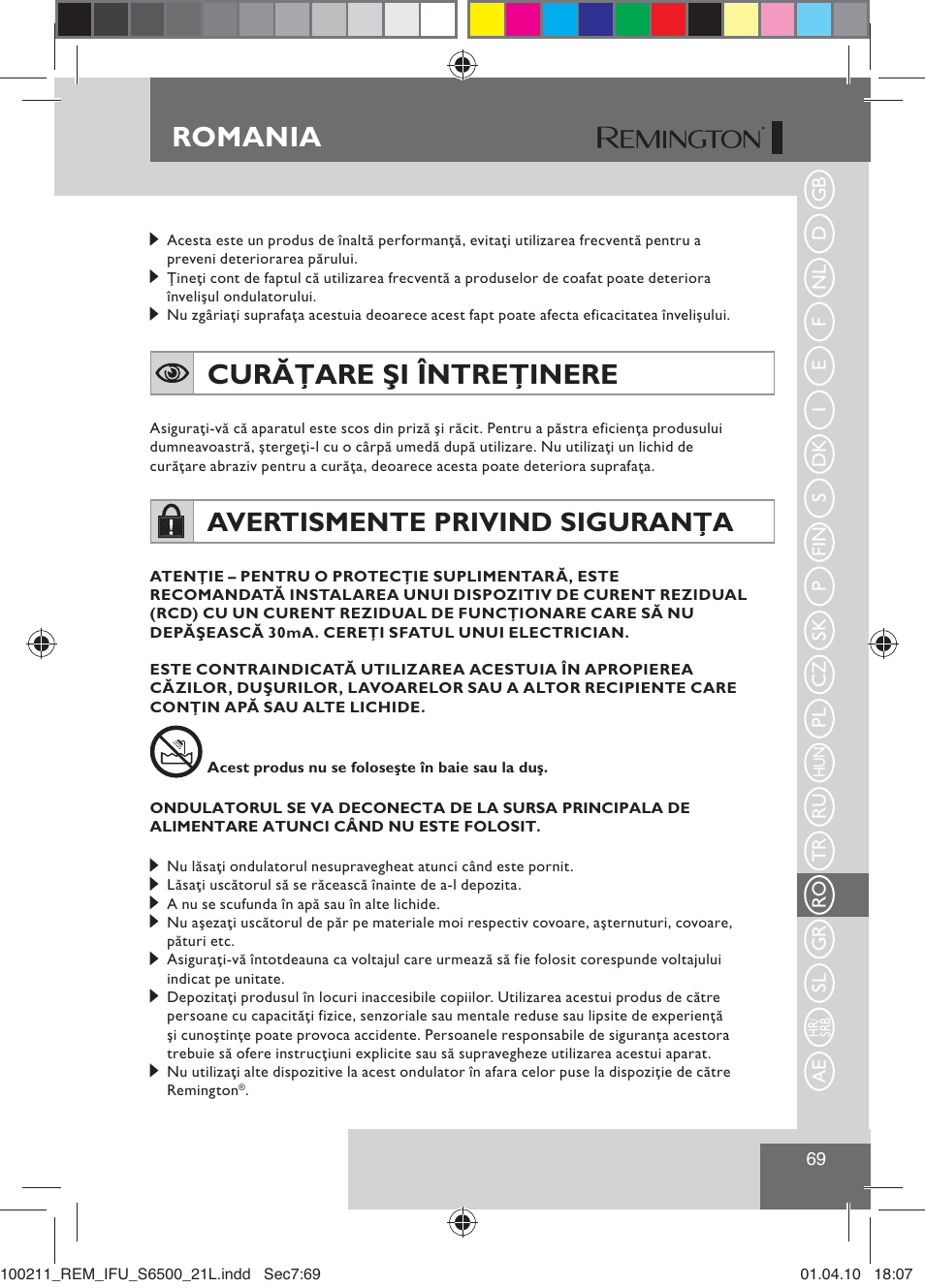 Curăţare şi întreţinere, Romania, Avertismente privind siguranţa | Remington S6500 User Manual | Page 71 / 95