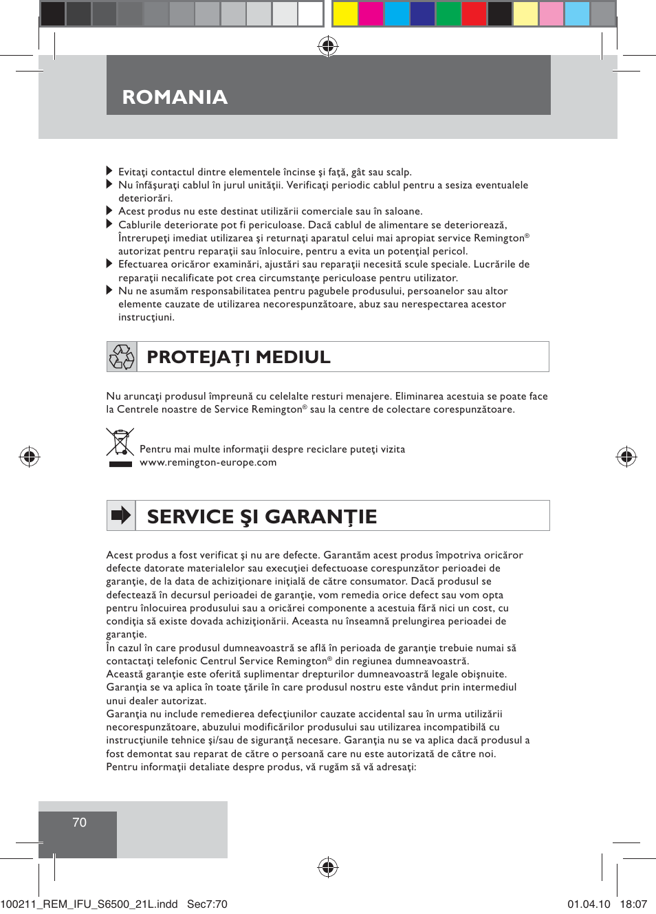 Service şi garanţie, Romania, Protejaţi mediul | Remington S6500 User Manual | Page 72 / 95