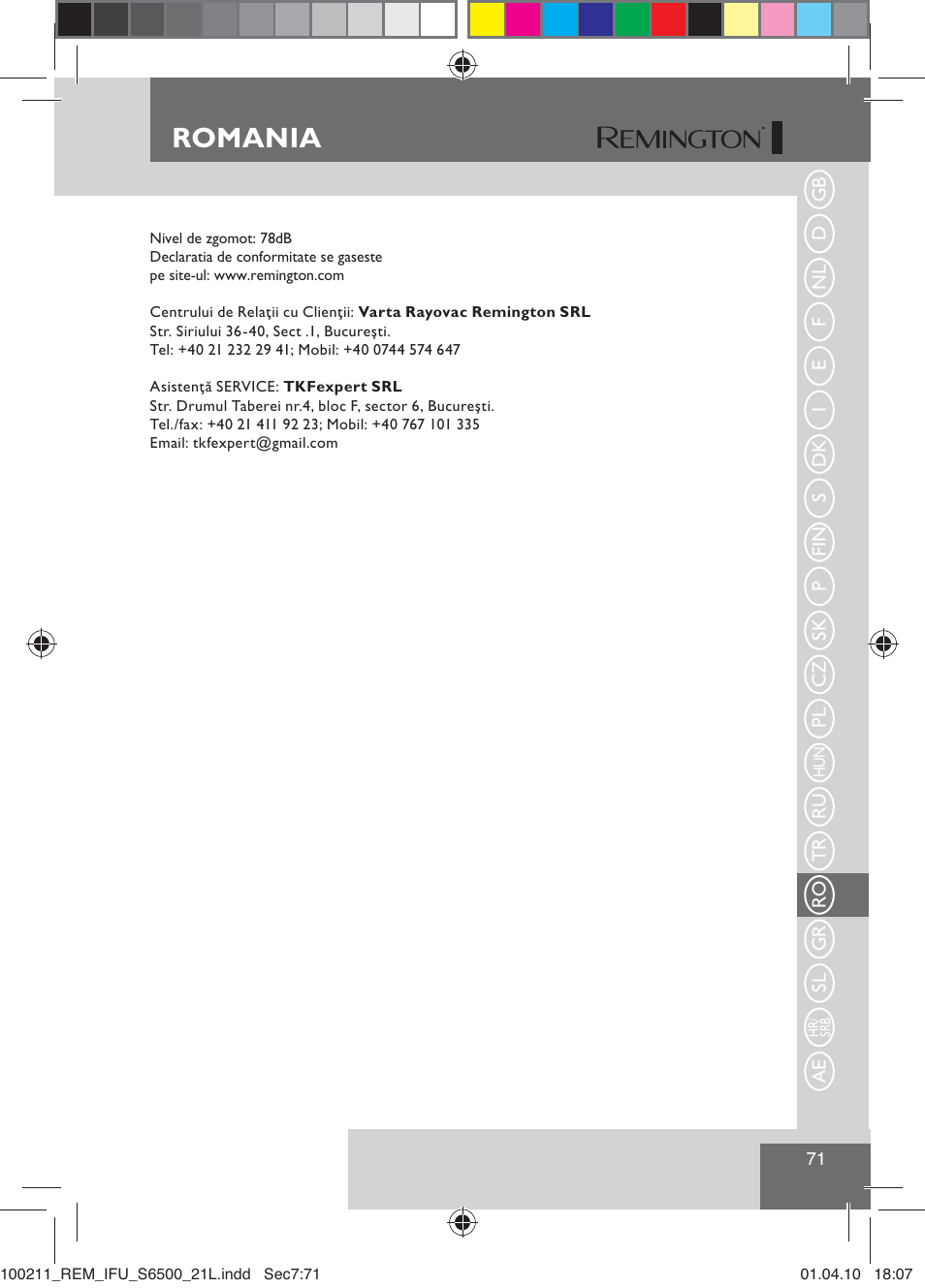 Romania | Remington S6500 User Manual | Page 73 / 95