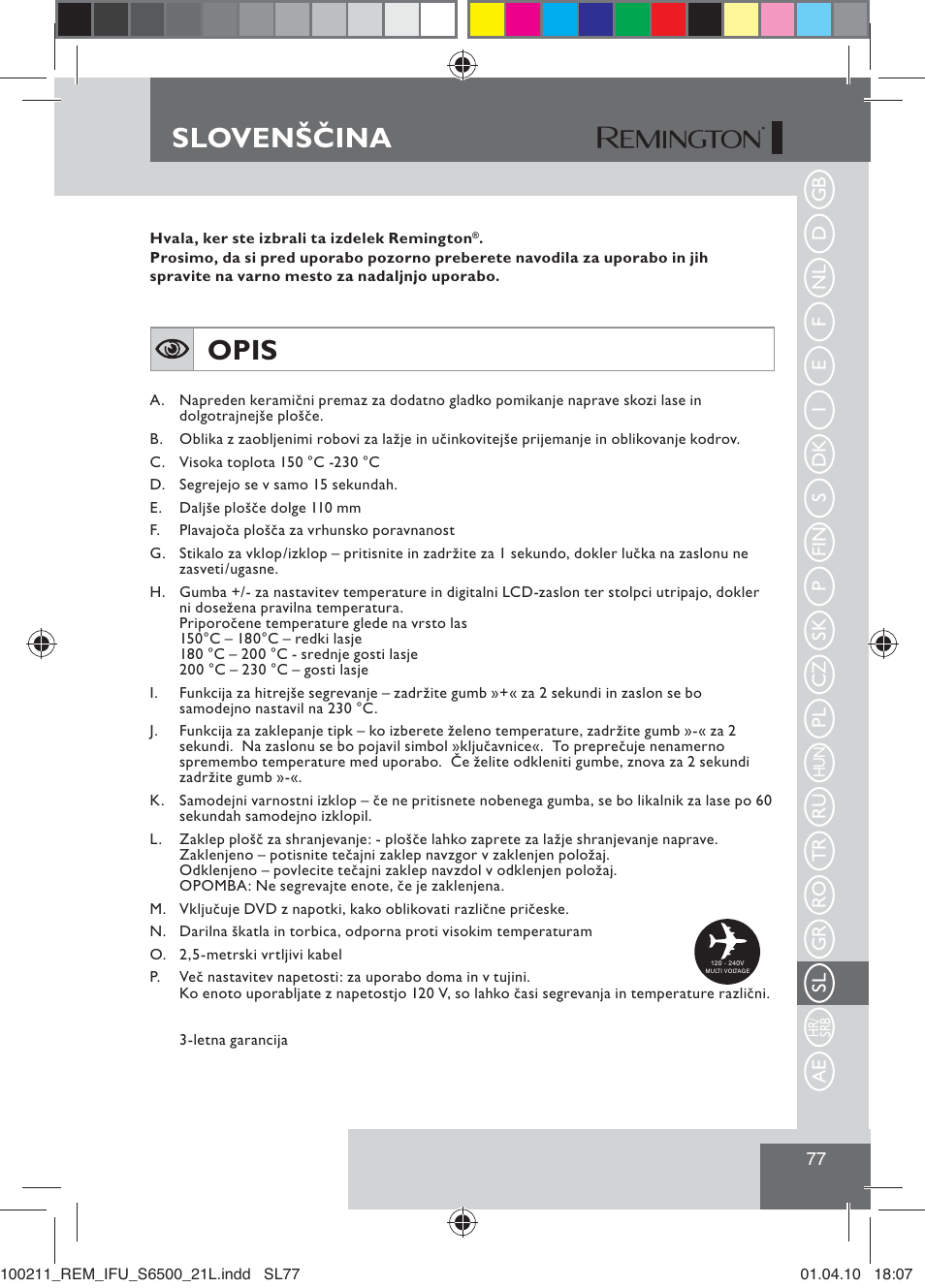 Slovenščina, Opis | Remington S6500 User Manual | Page 79 / 95