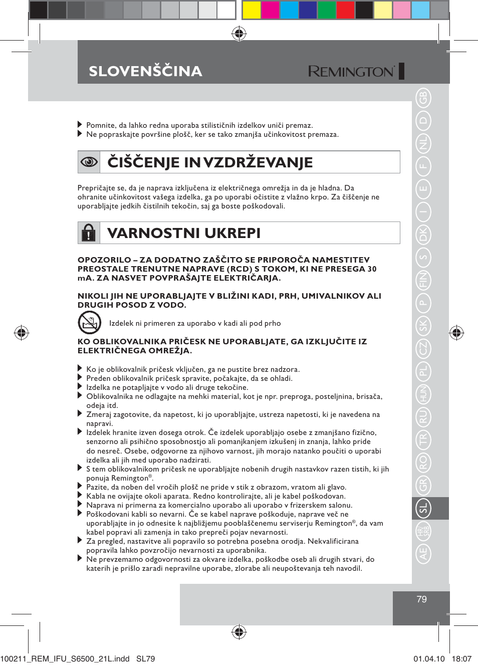 Slovenščina, Čiščenje in vzdrževanje, Varnostni ukrepi | Remington S6500 User Manual | Page 81 / 95