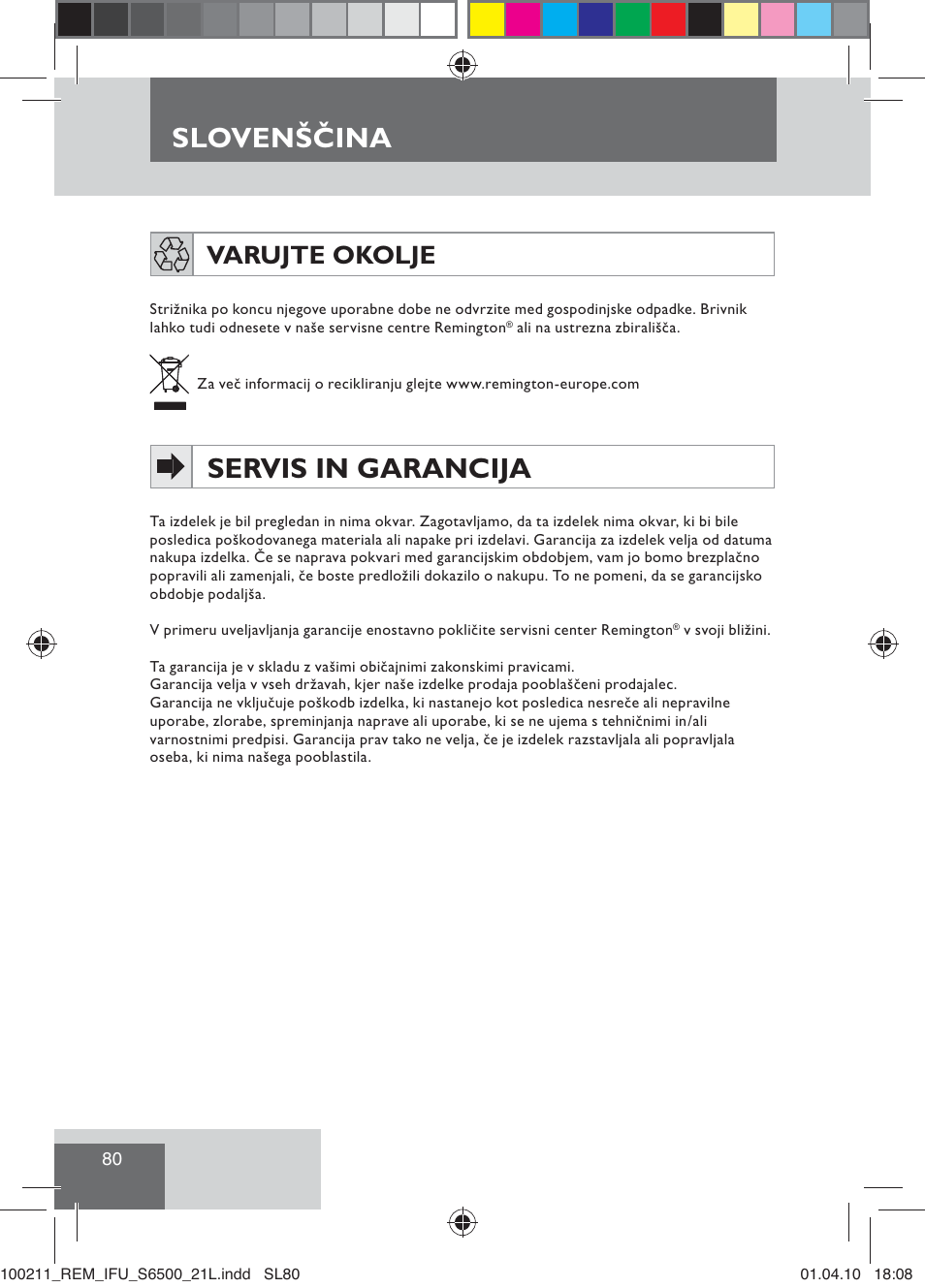 Slovenščina, Servis in garancija, Varujte okolje | Remington S6500 User Manual | Page 82 / 95