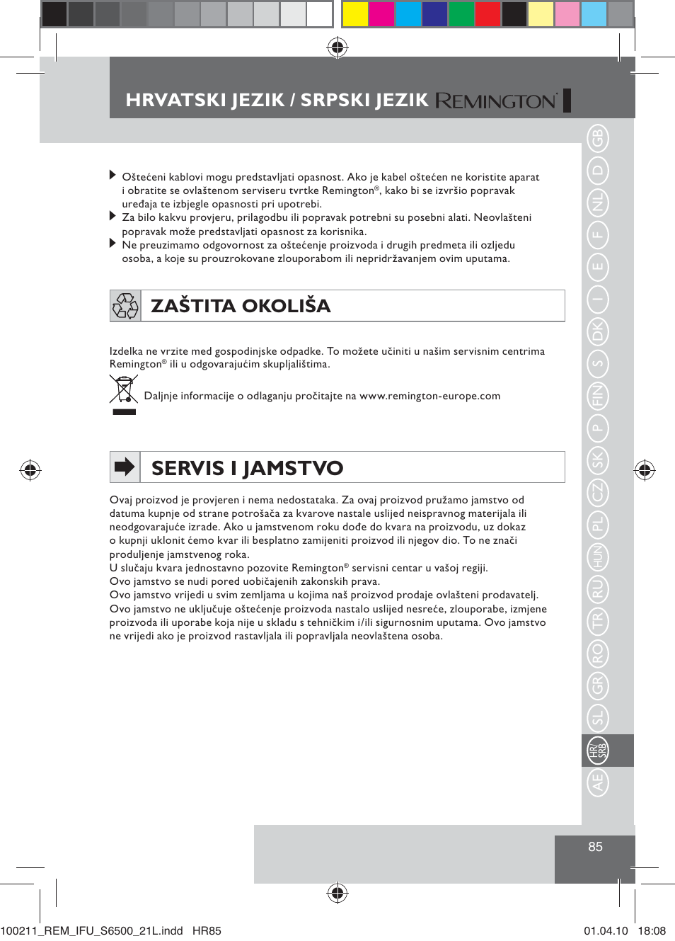 Servis i jamstvo, Zaštita okoliša, Hrvatski jezik / srpski jezik | Remington S6500 User Manual | Page 87 / 95