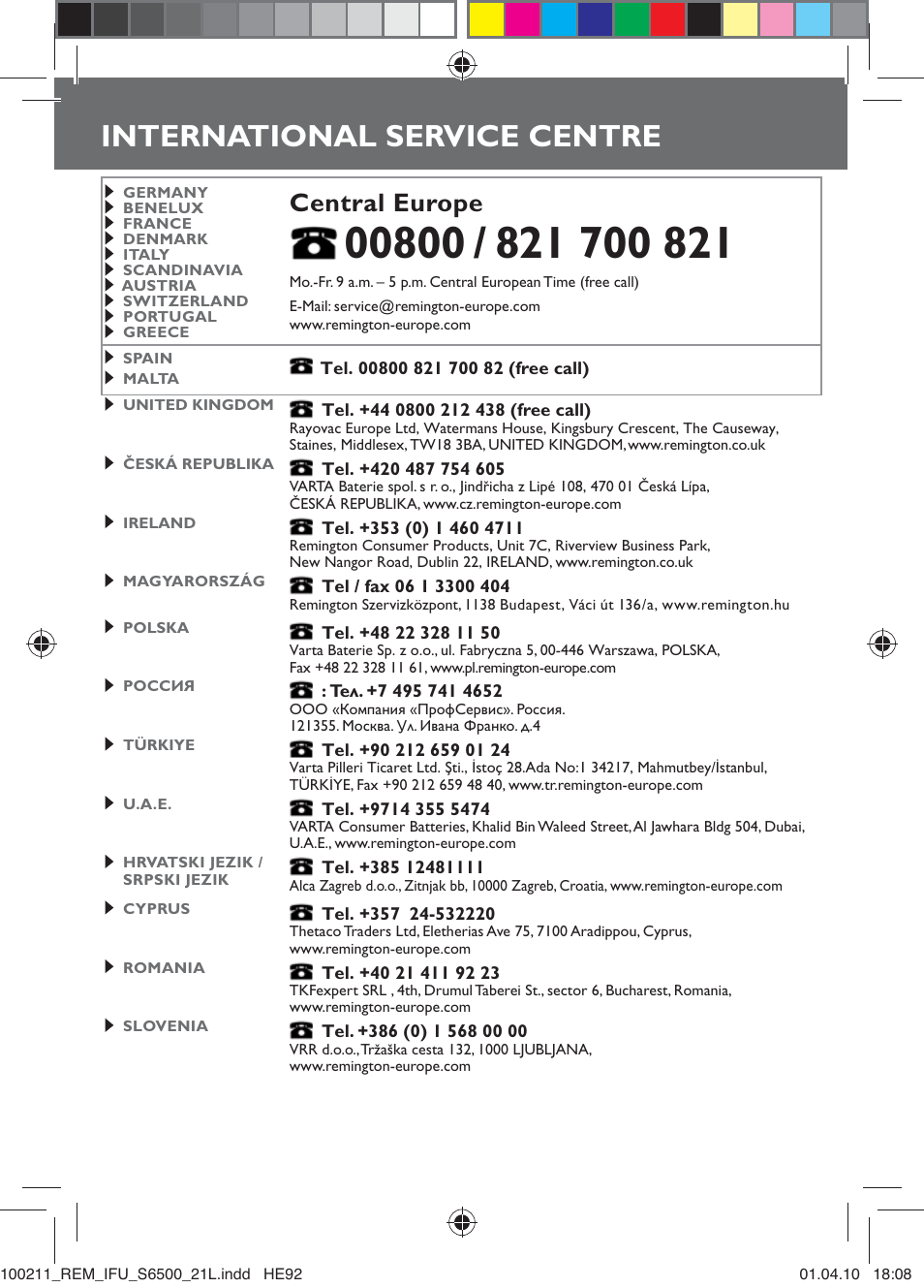 International service centre, Hebrew, Central europe | Remington S6500 User Manual | Page 94 / 95