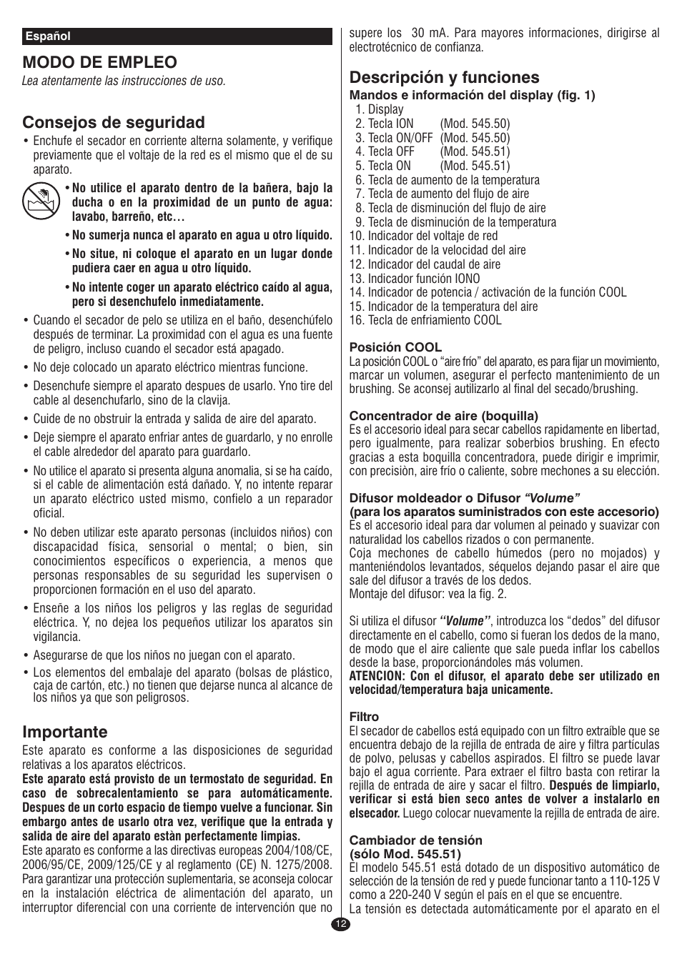 Modo de empleo, Consejos de seguridad, Importante | Descripción y funciones | VALERA I-F@N DIGITAL TRAVEL User Manual | Page 10 / 46