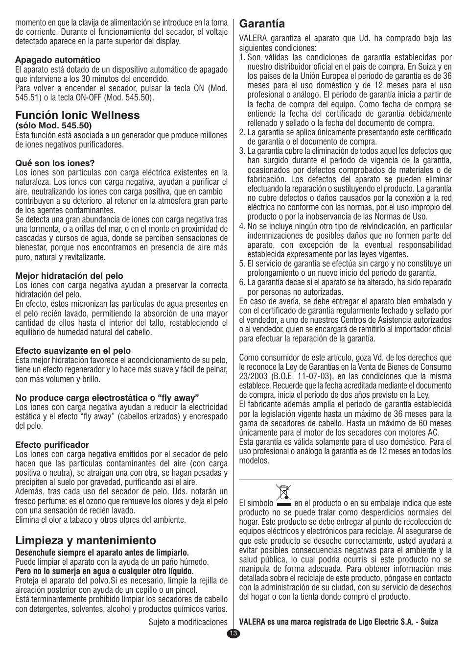 Función lonic wellness, Limpieza y mantenimiento, Garantía | VALERA I-F@N DIGITAL TRAVEL User Manual | Page 11 / 46