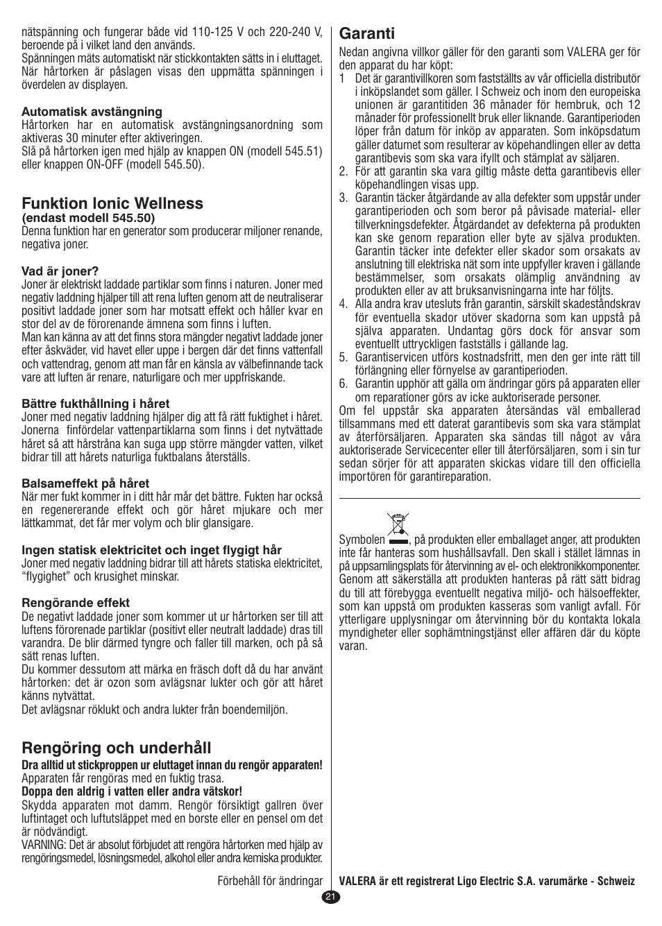 Funktion lonic wellness, Rengöring och underhåll, Garanti | VALERA I-F@N DIGITAL TRAVEL User Manual | Page 19 / 46