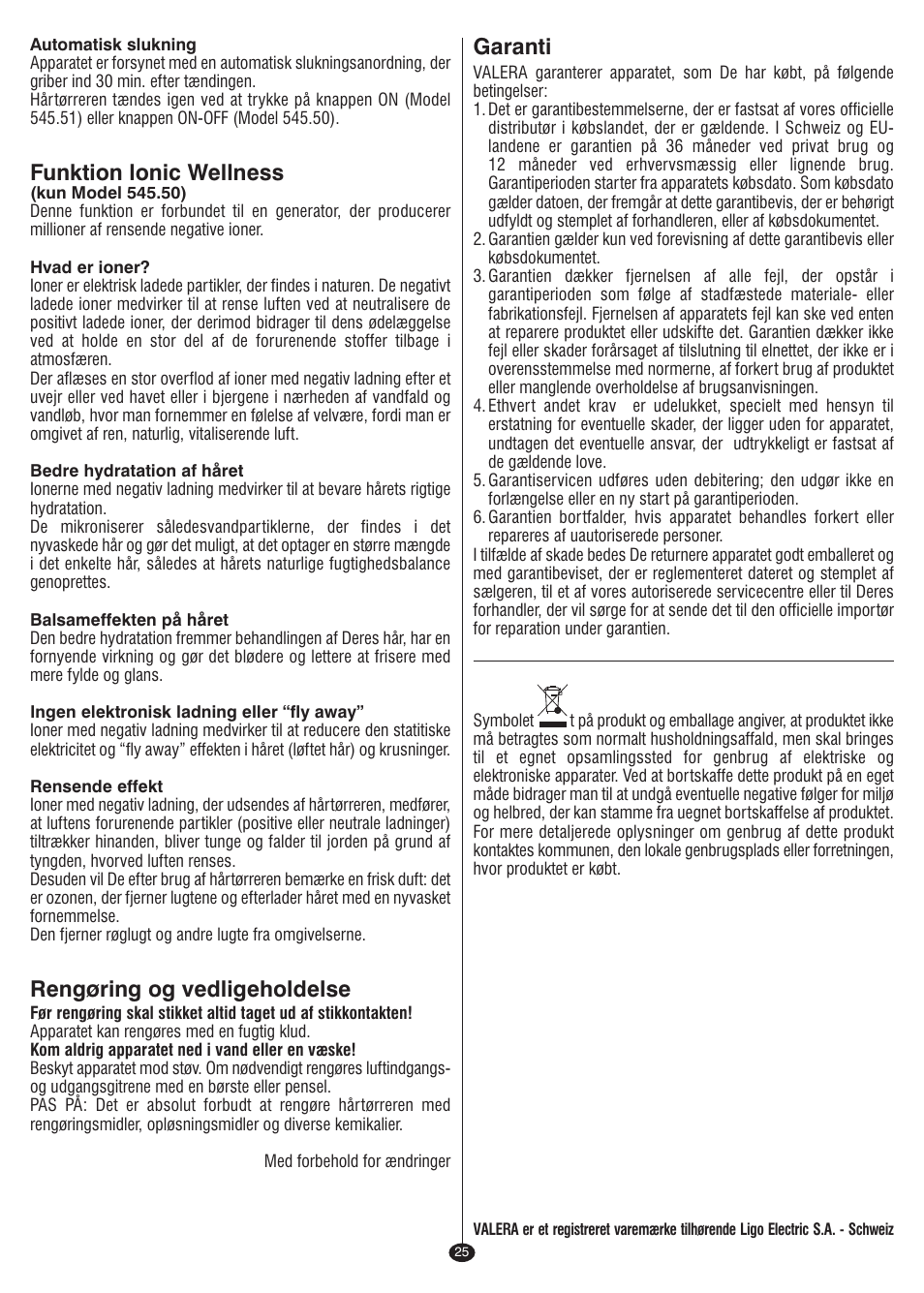 Funktion lonic wellness, Rengøring og vedligeholdelse, Garanti | VALERA I-F@N DIGITAL TRAVEL User Manual | Page 23 / 46