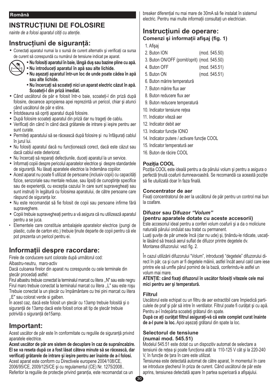 Instrucţiuni de folosire, Instrucţiuni de siguranţă, Informaţii despre racordare | Important, Instrucţiuni de operare | VALERA I-F@N DIGITAL TRAVEL User Manual | Page 28 / 46