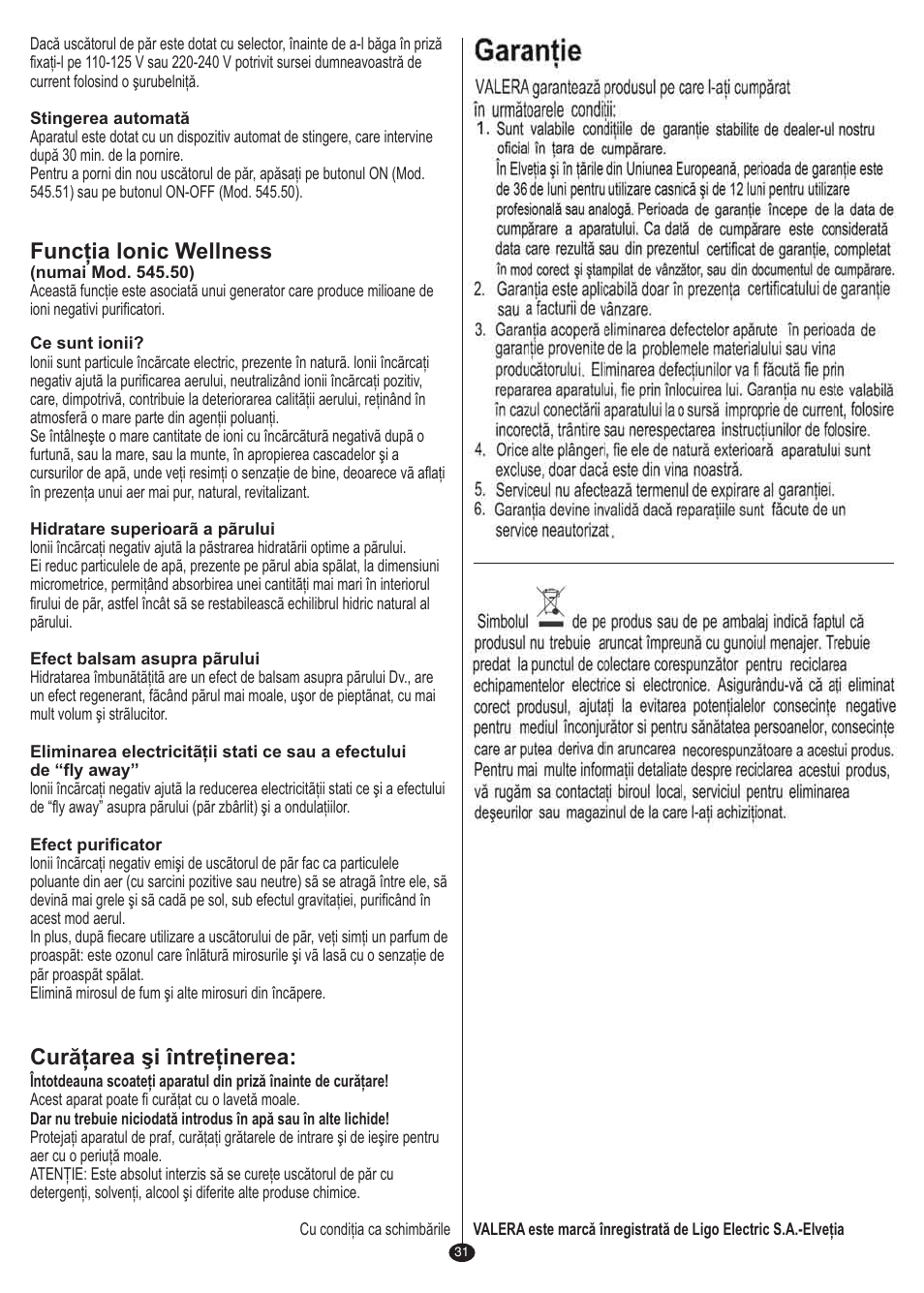 Funcţia lonic wellness, Curăţarea şi întreţinerea | VALERA I-F@N DIGITAL TRAVEL User Manual | Page 29 / 46