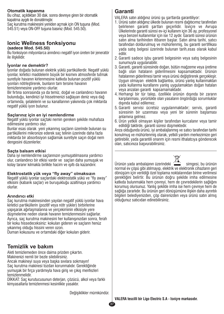 Lonic wellness fonksiyonu, Temizlik ve bakım, Garanti | VALERA I-F@N DIGITAL TRAVEL User Manual | Page 35 / 46