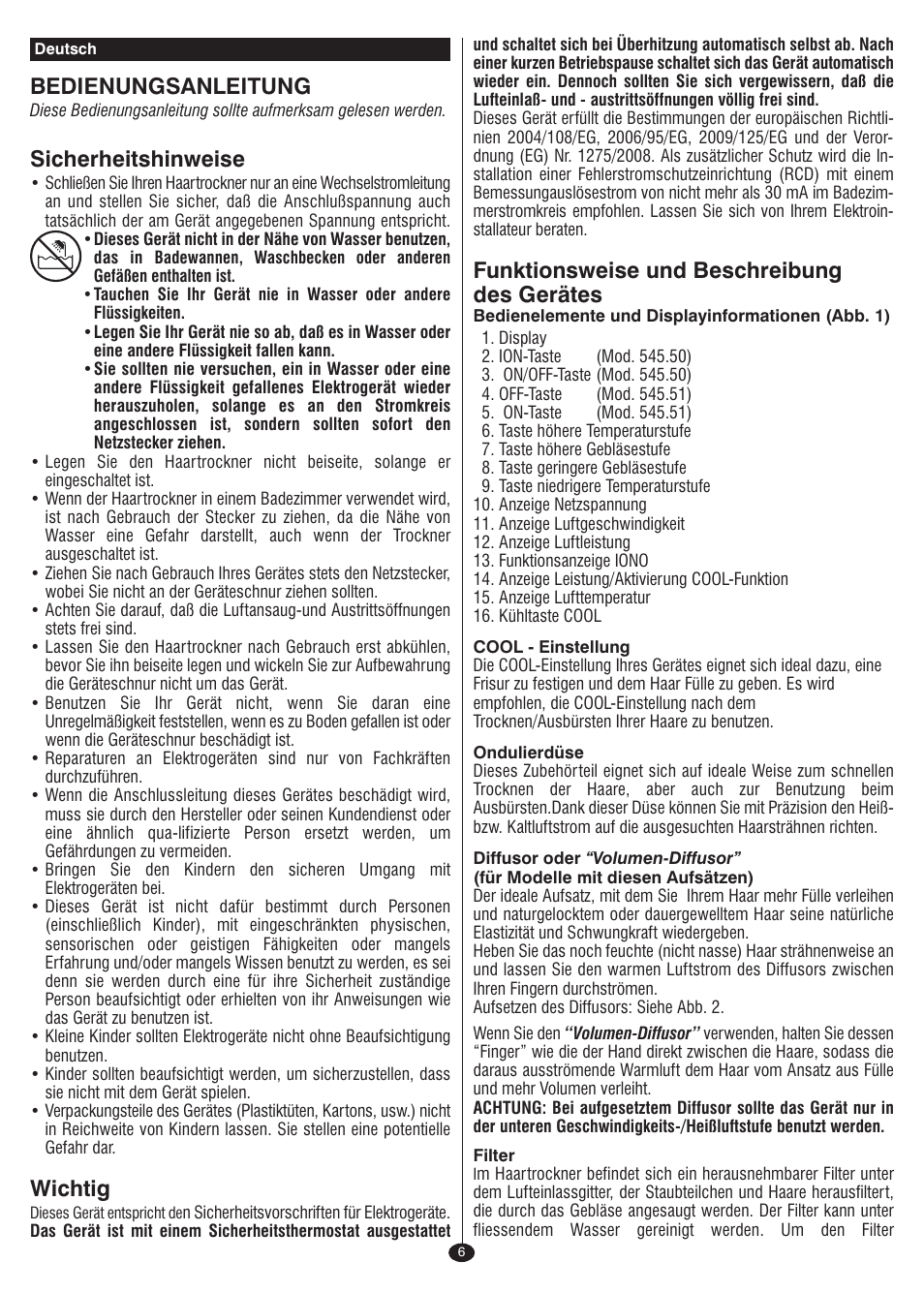 Bedienungsanleitung, Sicherheitshinweise, Wichtig | Funktionsweise und beschreibung des gerätes | VALERA I-F@N DIGITAL TRAVEL User Manual | Page 4 / 46