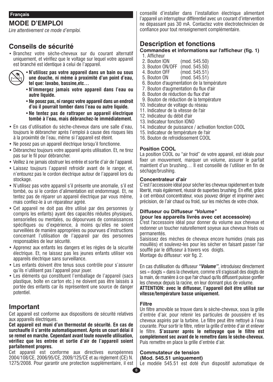Mode d’emploi, Conseils de sécurité, Important | Description et fonctions | VALERA I-F@N DIGITAL TRAVEL User Manual | Page 6 / 46