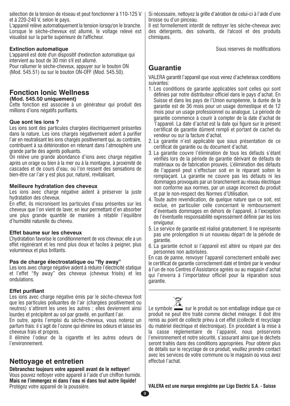 Fonction lonic wellness, Nettoyage et entretien, Guarantie | VALERA I-F@N DIGITAL TRAVEL User Manual | Page 7 / 46