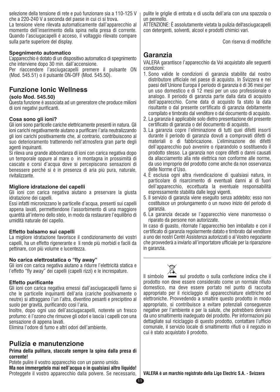 Funzione lonic wellness, Pulizia e manutenzione, Garanzia | VALERA I-F@N DIGITAL TRAVEL User Manual | Page 9 / 46