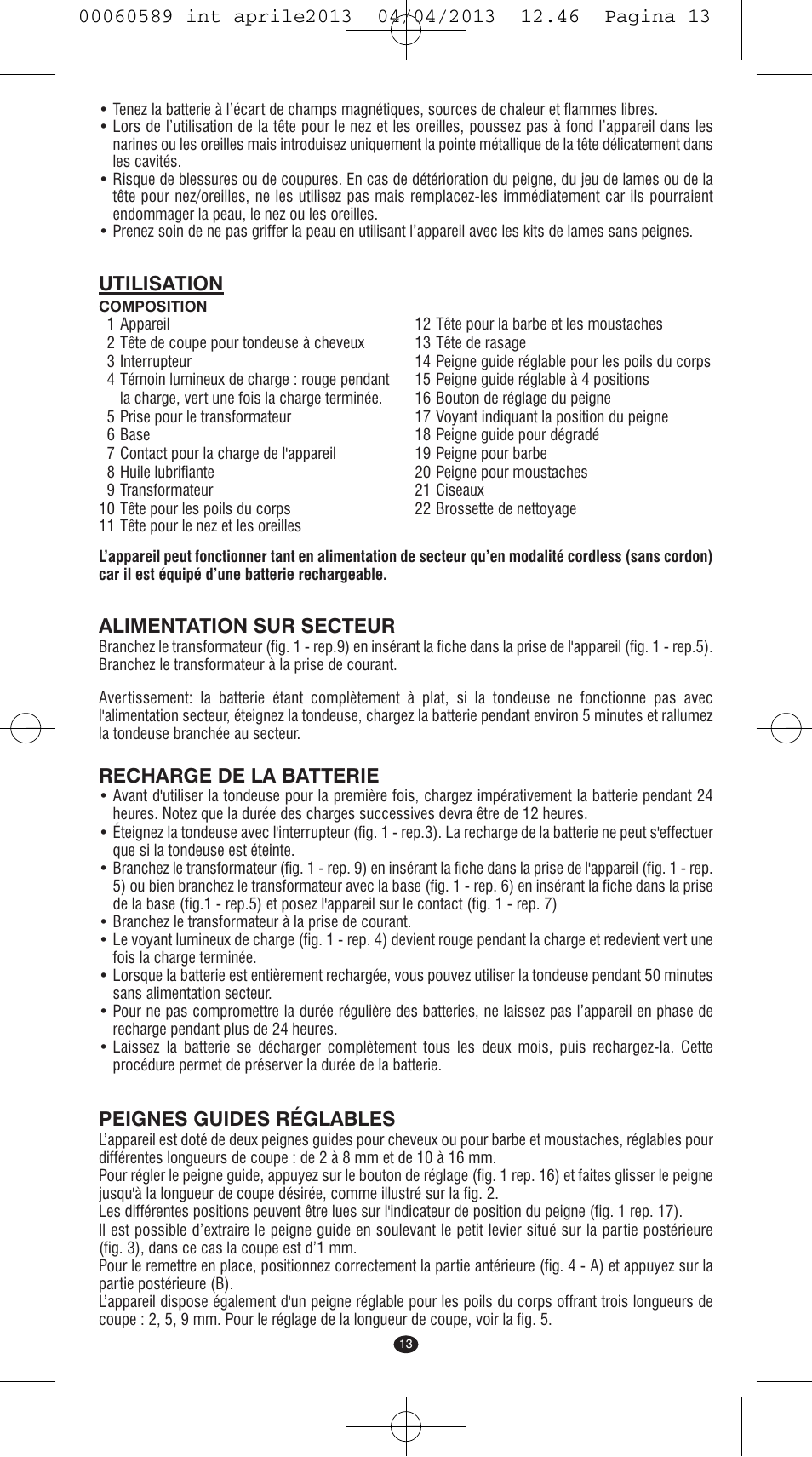 Utilisation, Alimentation sur secteur, Recharge de la batterie | Peignes guides réglables | VALERA SYSTEMA User Manual | Page 11 / 82