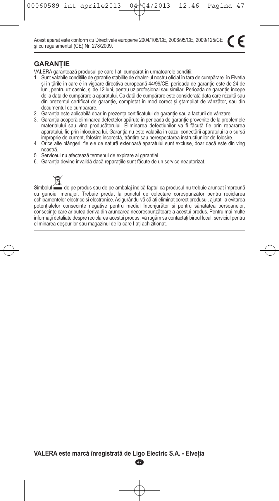 Garanţie | VALERA SYSTEMA User Manual | Page 45 / 82