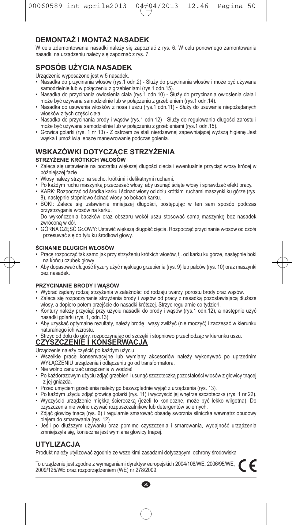 Demontaż i montaż nasadek, Sposób użycia nasadek, Wskazówki dotyczące strzyżenia | Czyszczenie i konserwacja, Utylizacja | VALERA SYSTEMA User Manual | Page 48 / 82