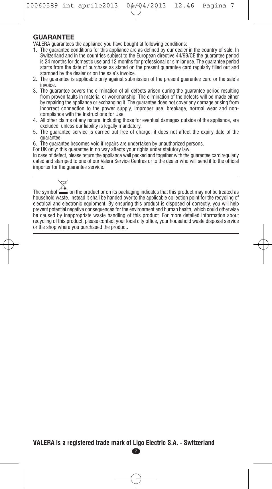Guarantee | VALERA SYSTEMA User Manual | Page 5 / 82