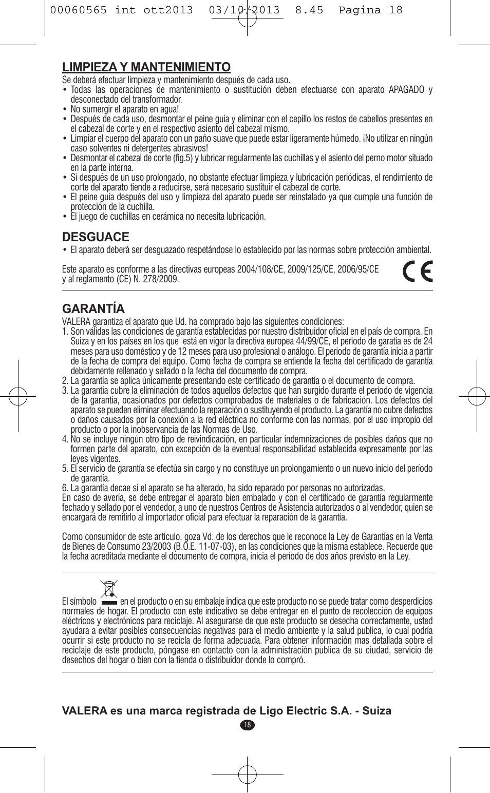 Limpieza y mantenimiento, Desguace, Garantía | VALERA ABSOLUT User Manual | Page 16 / 66