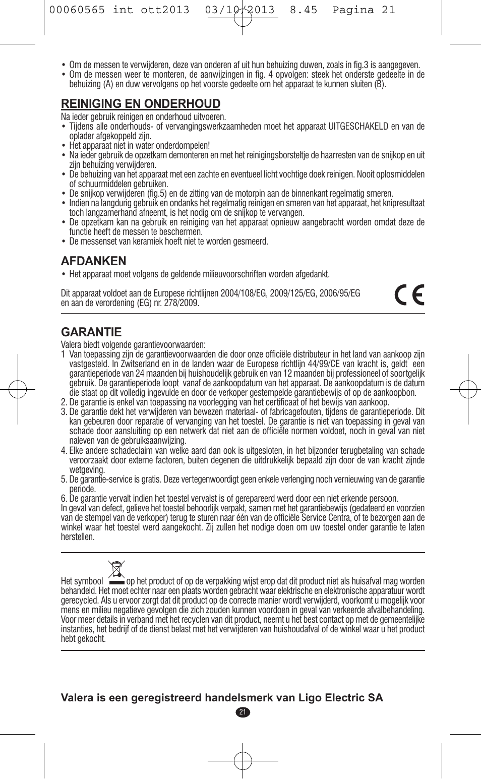 Reiniging en onderhoud, Afdanken, Garantie | VALERA ABSOLUT User Manual | Page 19 / 66